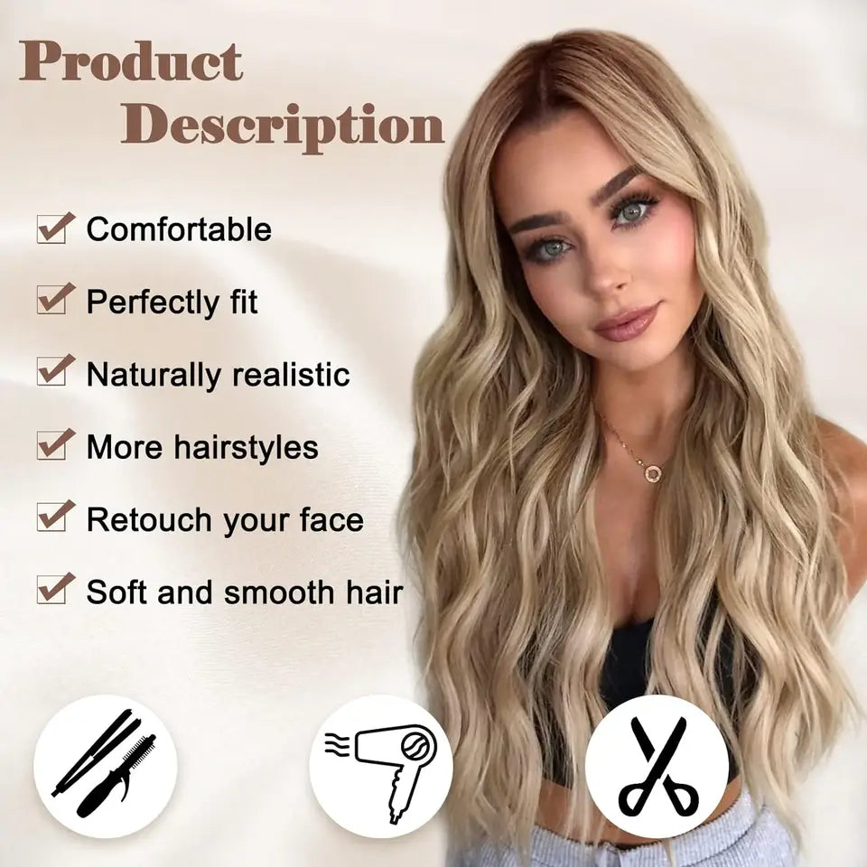 Perruque synthétique ondulée blonde ombrée pour femme, 26 pouces, longue dentelle, partie centrale b